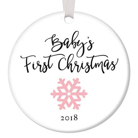 Baby Snowflake - Baby's First Christmas Ornament 2019, Girl Baby Pink Snowflake Porcelain Ceramic Ornament, 3