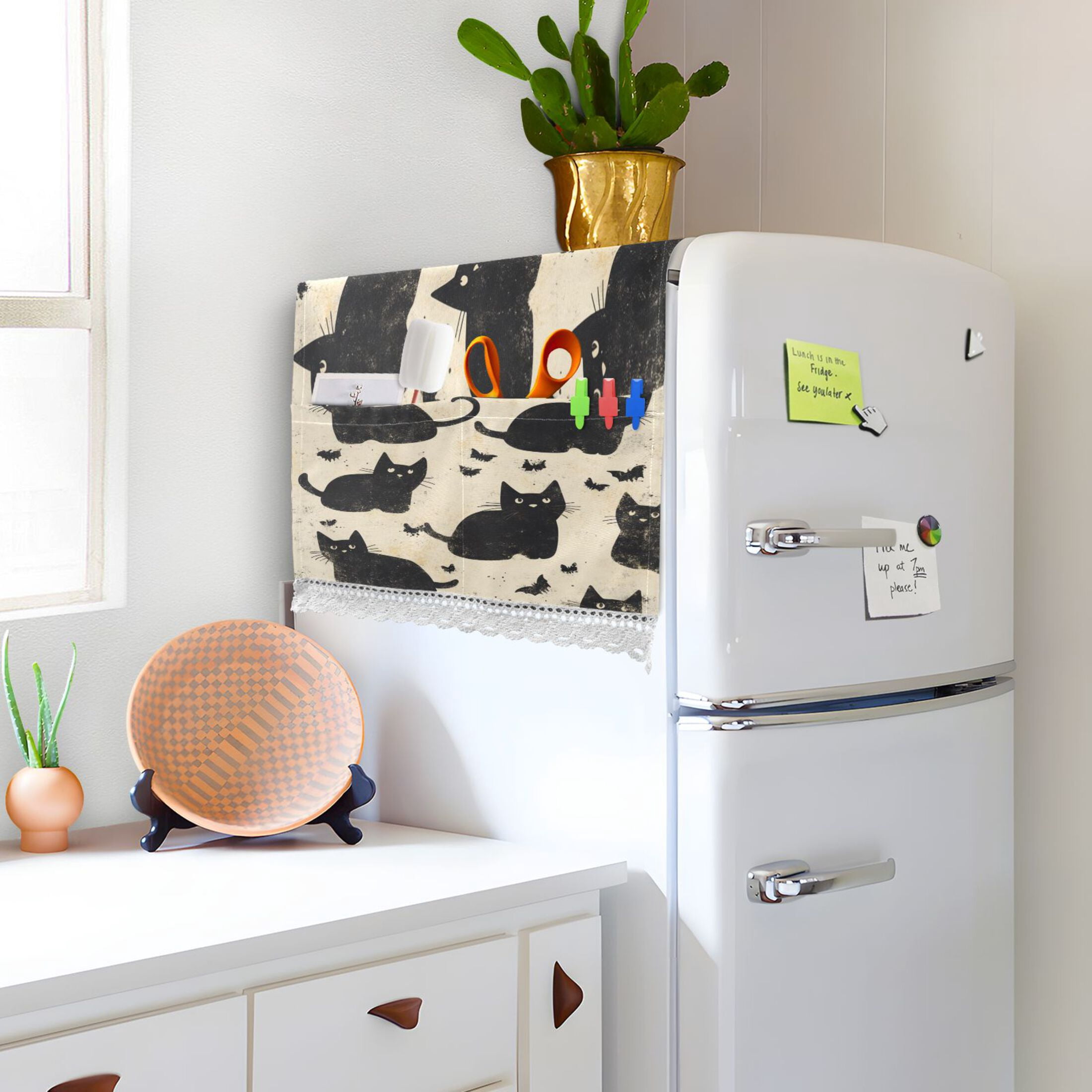 Black CatWasher and Dryer Covers Dust-Proof and Oil Resistant Fridge Cover with 4 Storage Pockets Washing Machine Top Cover for Laundry Kitchen Home 51.2 x 22 In