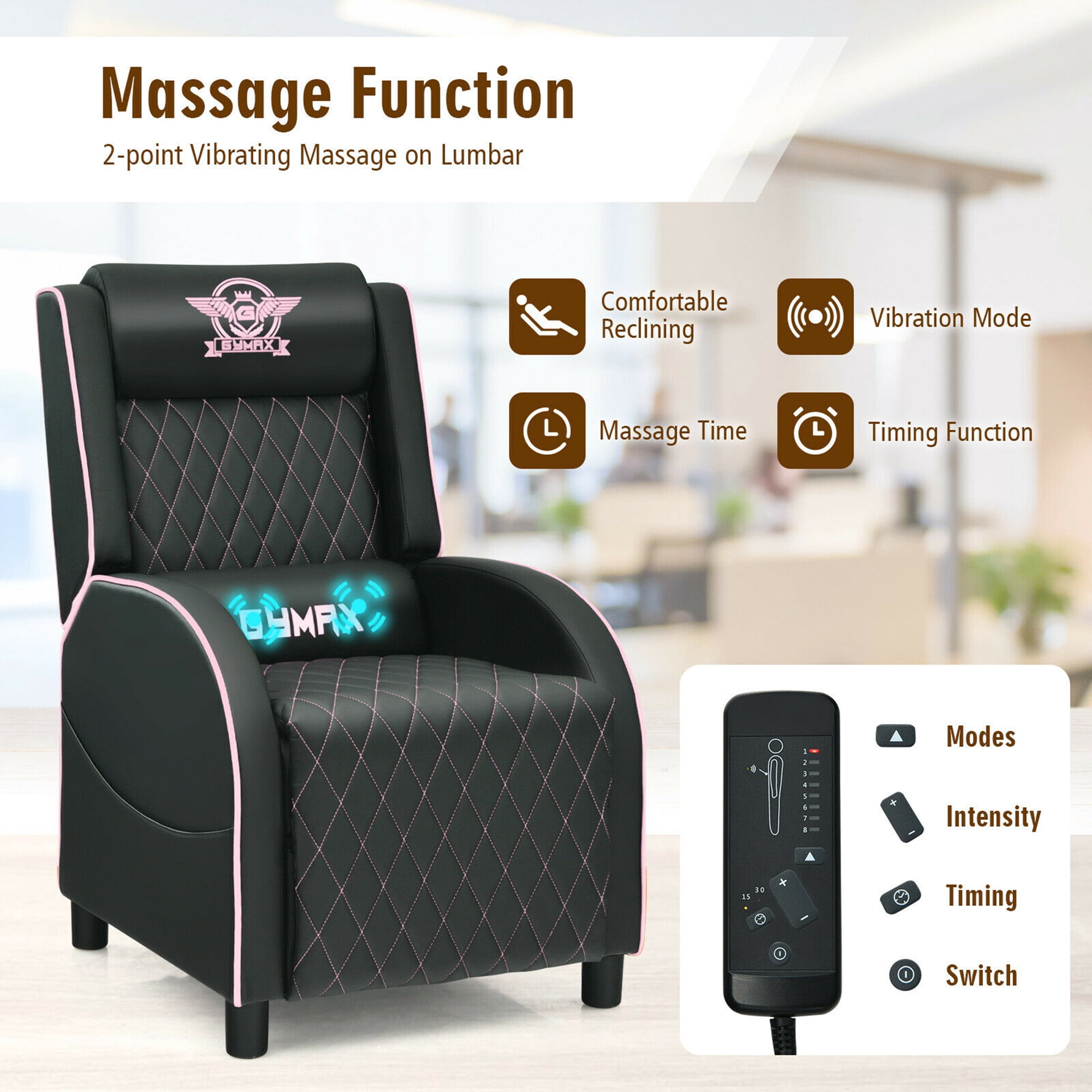 Gymax PU Leather Single Sofa Home Theater Seat Massage Gaming Recliner Chair Pink