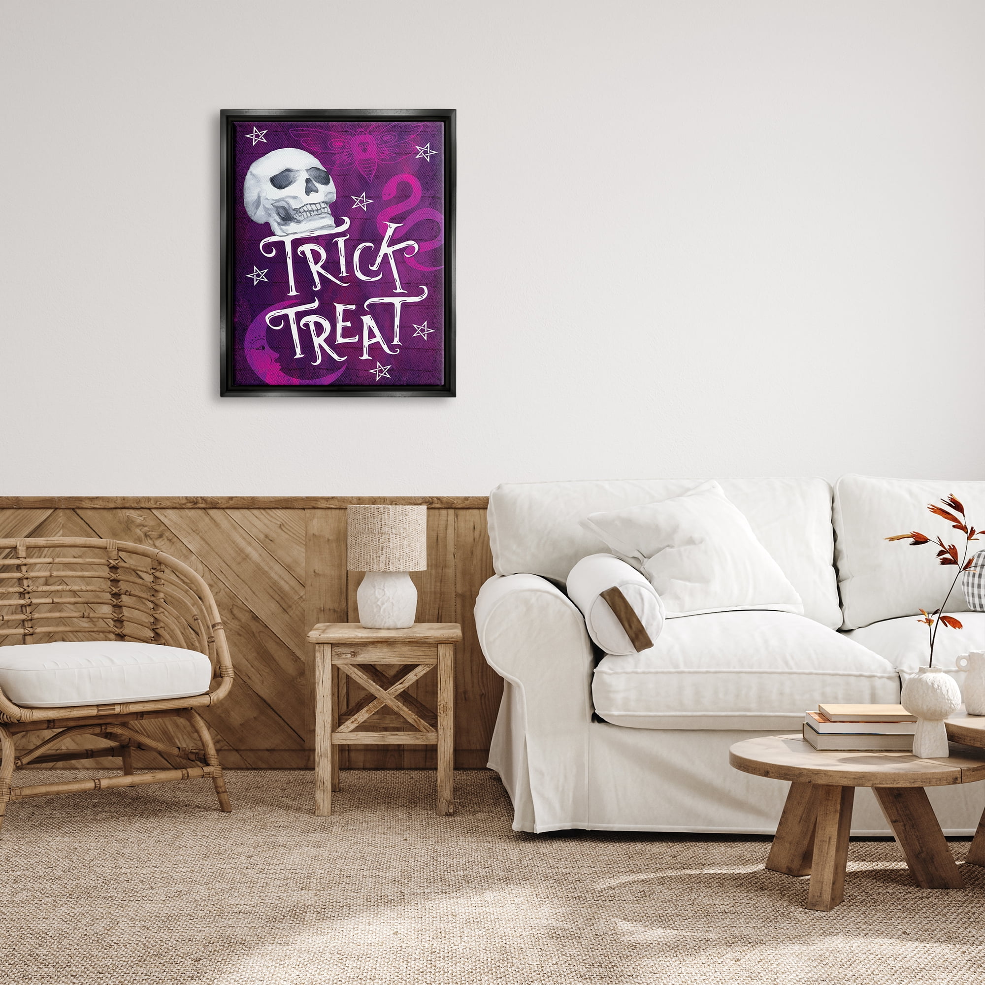Stupell Industries Trick or Treat Purple Halloween Holiday Painting Black Floater Framed Art Print Wall Art