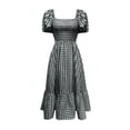 thumbnail image 5 of Black And White Plaid Square Neck Puff Sleeve Tiered Midi Dress For Women, 5 of 6
