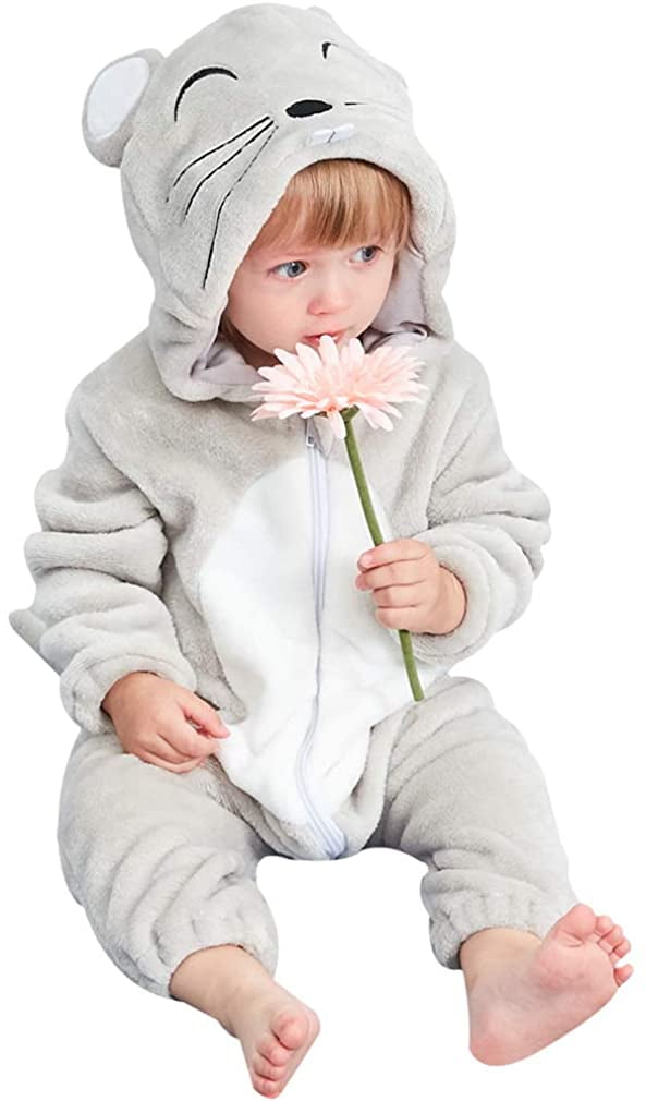Baby Romper Winter Flannel Front Zipper Cartoon Animal Hooded Jumpsuit Costume 