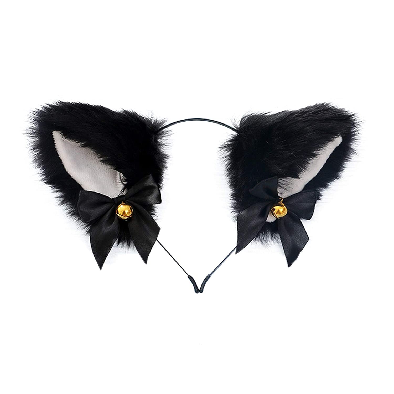 Anime Lolita Katzenohr-Stirnband Mit Schleife & Glöckchen – Plüsch, Verstellbar, Für Cosplay & Party (Schwarz+Rot)