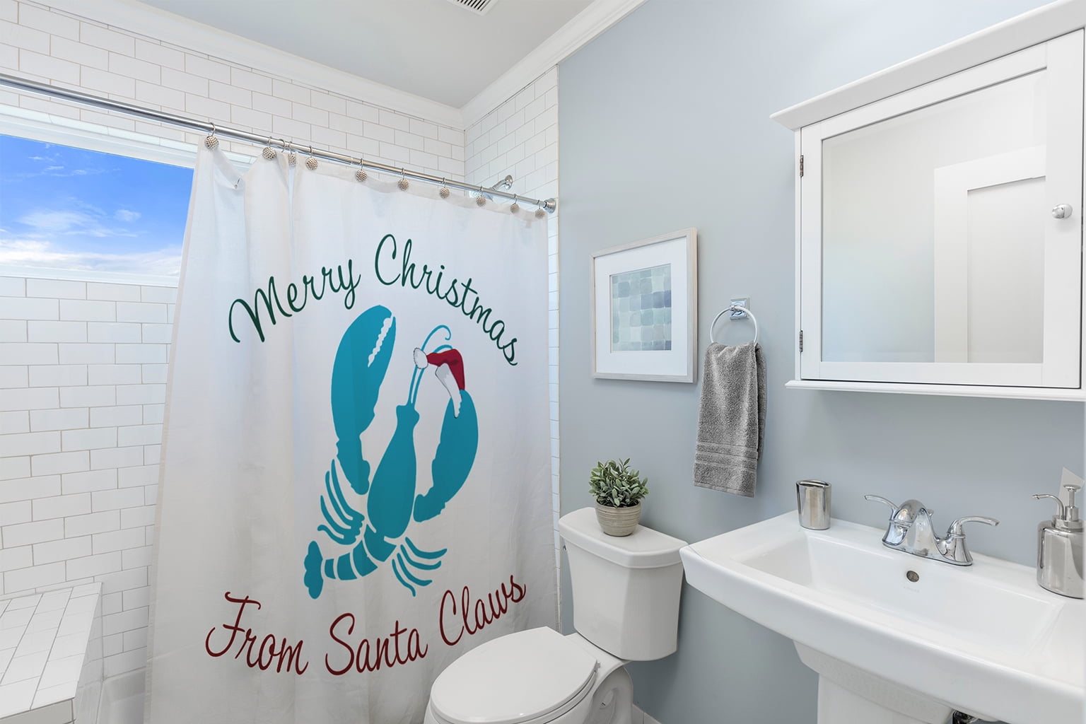 Simply Daisy 70" W x 73" L Santa Claws Lobster Polyester Shower Curtain, Turquoise [1 Ct]