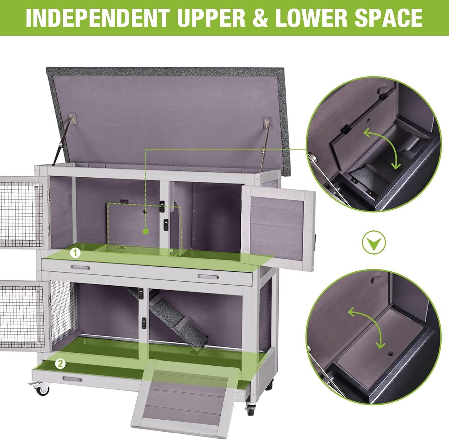 MEDEHOO Rabbit Hutch Bunny Cage, Guinea Pig Cage Bunny Hutch Indoor, Wood Pet Cage with 4 Casters -2 Story & 2 Trays (Grey)