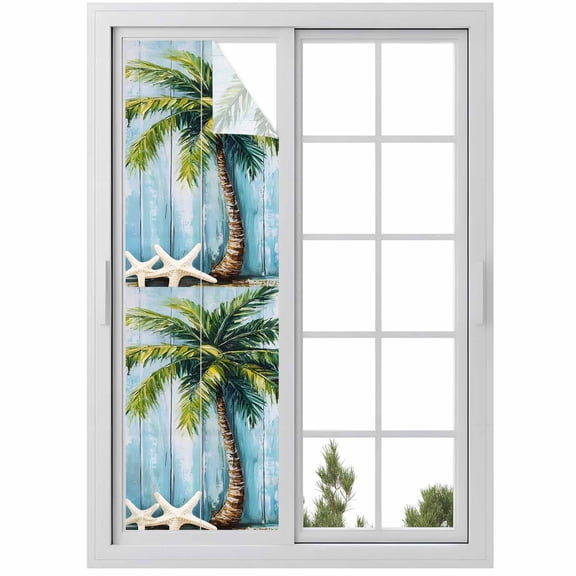 Coconut Tree Window Privacy Film Nautical Blue Wood Grain Starfish Vintage Decorative Glass Window Film UV Blocking Static Cling Non-Adhesive Sticker Covering for Home Door 17.7 x 78.7 inches