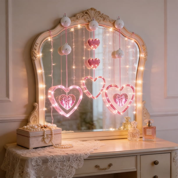 Luzes de Cuerda Led Al Aire Libre Cortina de Corazón Rosa Impermeable 3Pc 7.87x7.87x1.96In, Luces de Cuerda Led en el Interior, Copa de Succión para la Decoración de la Boda