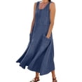 thumbnail image 3 of Yangnuo Women's Scoop Neck Sleeveless Denim Maxi Dress Ladies Fashion Solid Color Loose Casual Flowy A-Line Sundress With Pockets Blue L, 3 of 6