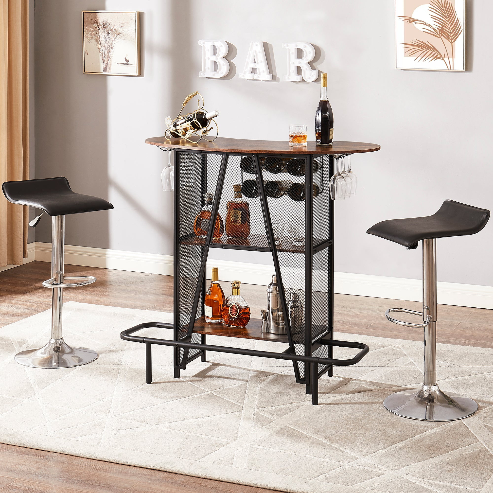 VECELO Bar Unit with Metal Mesh Front, 3 Tier Bar Table with Wine Rack