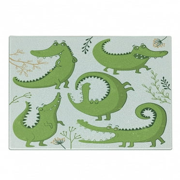 Crocodile Cutting Board, Crocodiles Among Floral Elements Print Illustration, Decorative Tempered Glass Cutting and Serving Board, in 3 Sizes, by Ambesonne