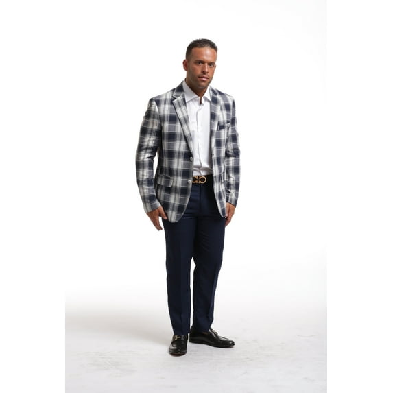 Elie Balleh Navy Navy & White Plaid Men's Blazers Sports Coat Jacket