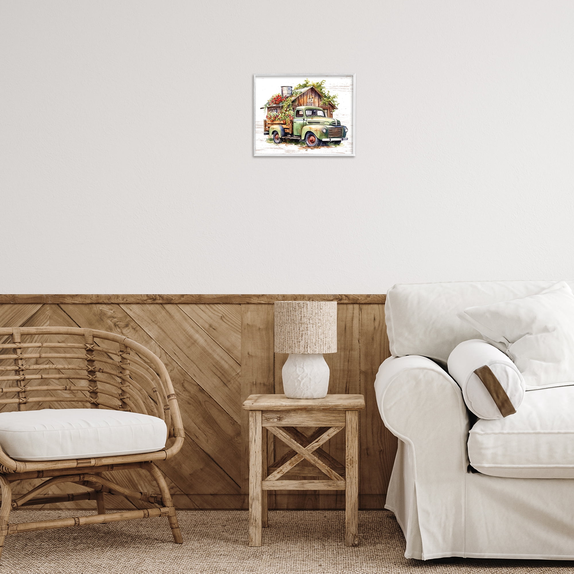 Stupell Industries Rustic Pickup with Greenery Transportation Painting White Framed Art Print Wall Art, 14 x 11