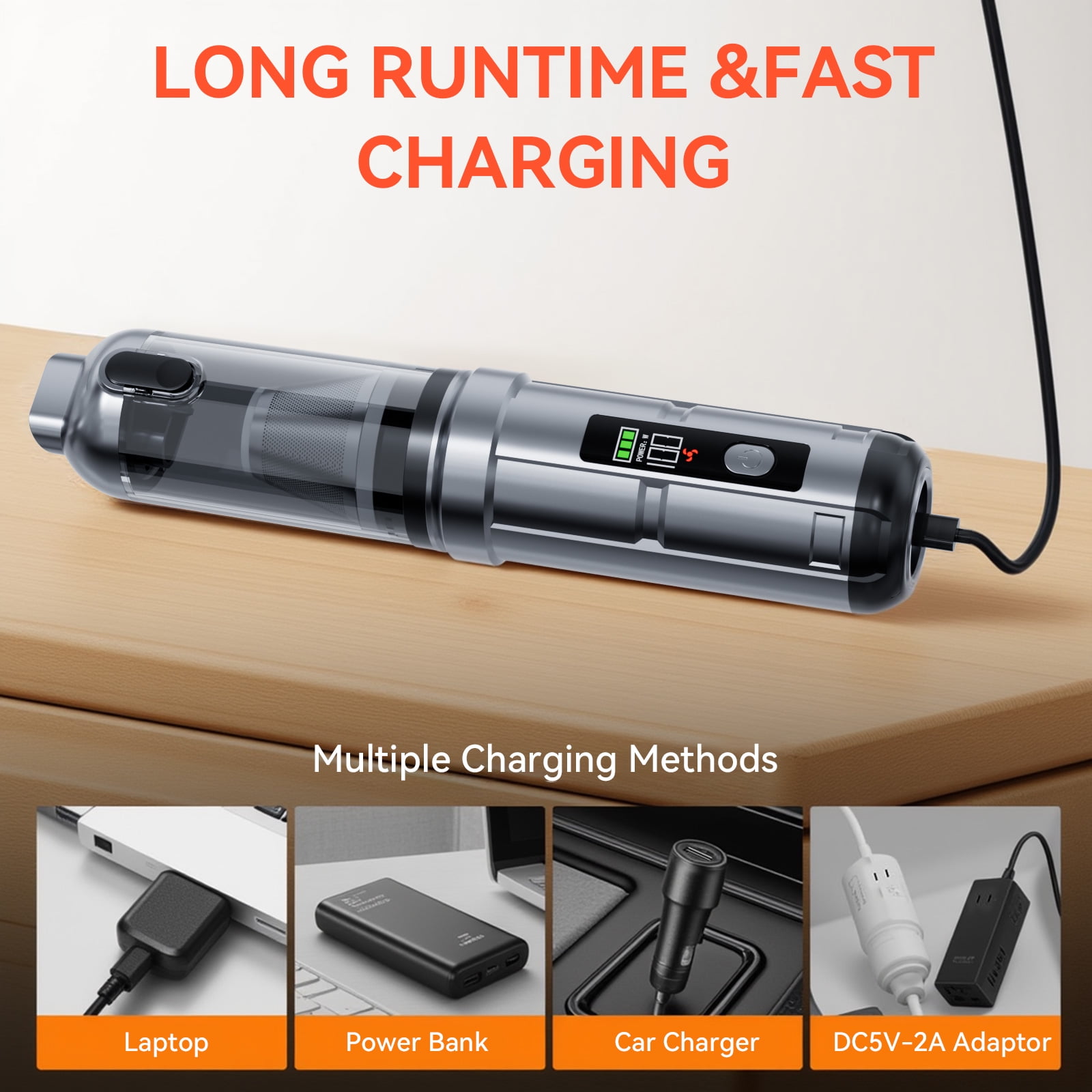 4-in-1 Handheld Car Vacuum Cleaner with 3 Speed Settings and 16000pa Suction Power Blowing & Inflating 2 Modes