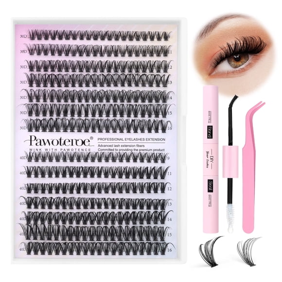 Kit de extensión de pestañas Pawotence DIY, 280 unidades, racimos de pestañas de 9 a 16 mm