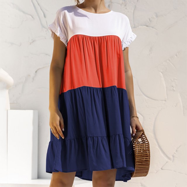 Meichang Robes pour Femmes Manches Courtes à Volants Col Rond Mini Robes à Volants à Étages Robes à Blocs de Couleur Coupe Ample Décontractée Robes Fluides d'Été Plage