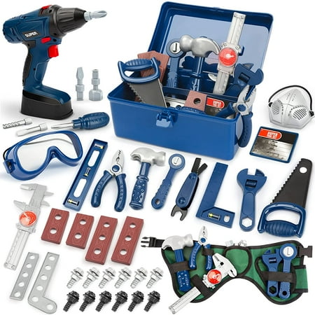 Vanplay Kids Tool Set 52Pcs Pretend Play Tools Kit with Electronic Toy Drill, Kids Tool Belt, Tool Box for Toddlers Boys Girls Ages 3 4 5 6 7 Years Old