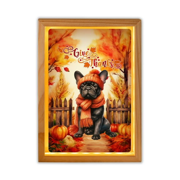 Happy Thanksgiving French Bulldog Give Thanks Fall Beanie Scarf Welcome Acrylic Plaque with Wood Photo Frame Box Dog Lover Gifts Light Box - 00020