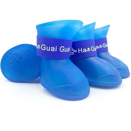 Dog Rain Boots 4PCS Waterproof Dog Anti-Slip Shoes with Adjustable Straps Dog Silicone Boots for Rainy & Snow Weather (Blue  Large)  (FBDB01)