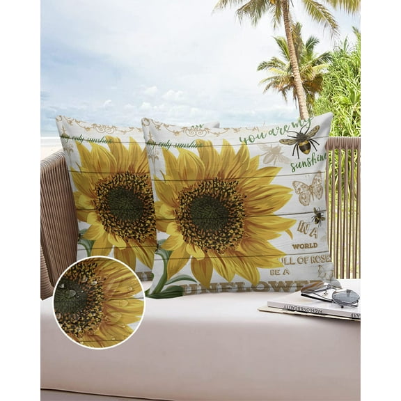 Farm Sunflowes and Bee on Wood Planks Outdoor Pillow Covers Waterproof Throw Pillow Cover 18x18in Set of 2,Square Decorative Pillowcases Cushion Case for Patio Sofa Couch,Retro Butterfly