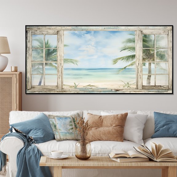 Designart "Tropical Beach Horizon Through the Windows II" Extra Large Coastal Framed Wall Art - Coastal Green Coastal Windows Living Room Framed Canvas Art