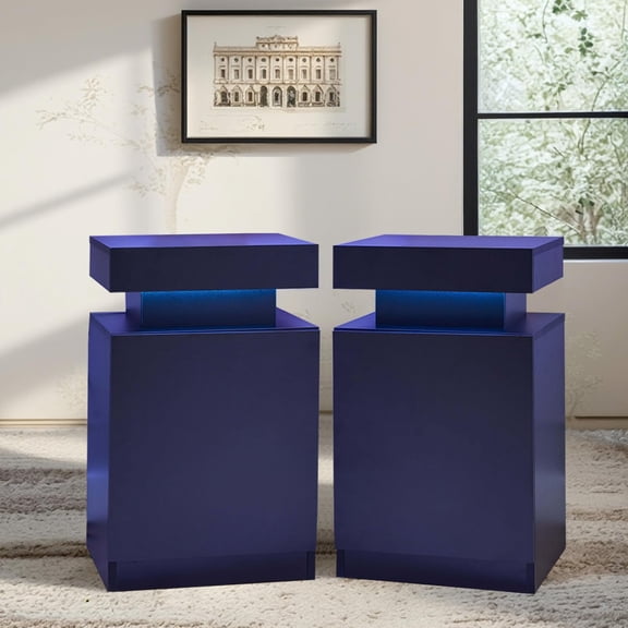 Nightstand Set of 2, Night Stands with LED Lights, Bedside Table End Side Table with Cabinet Storage for Bedroom, Black