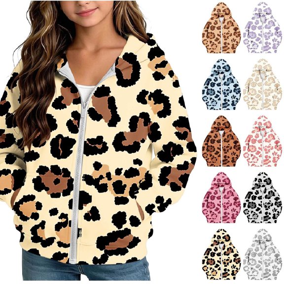 Dzrciro Boys Girls Hoodie Sweatshirts, Leopard Print Long Sleeve Full Zip Up Kids Jacket with Pockets, Casual Outdoor Hoodies Coat, 4-12 Years