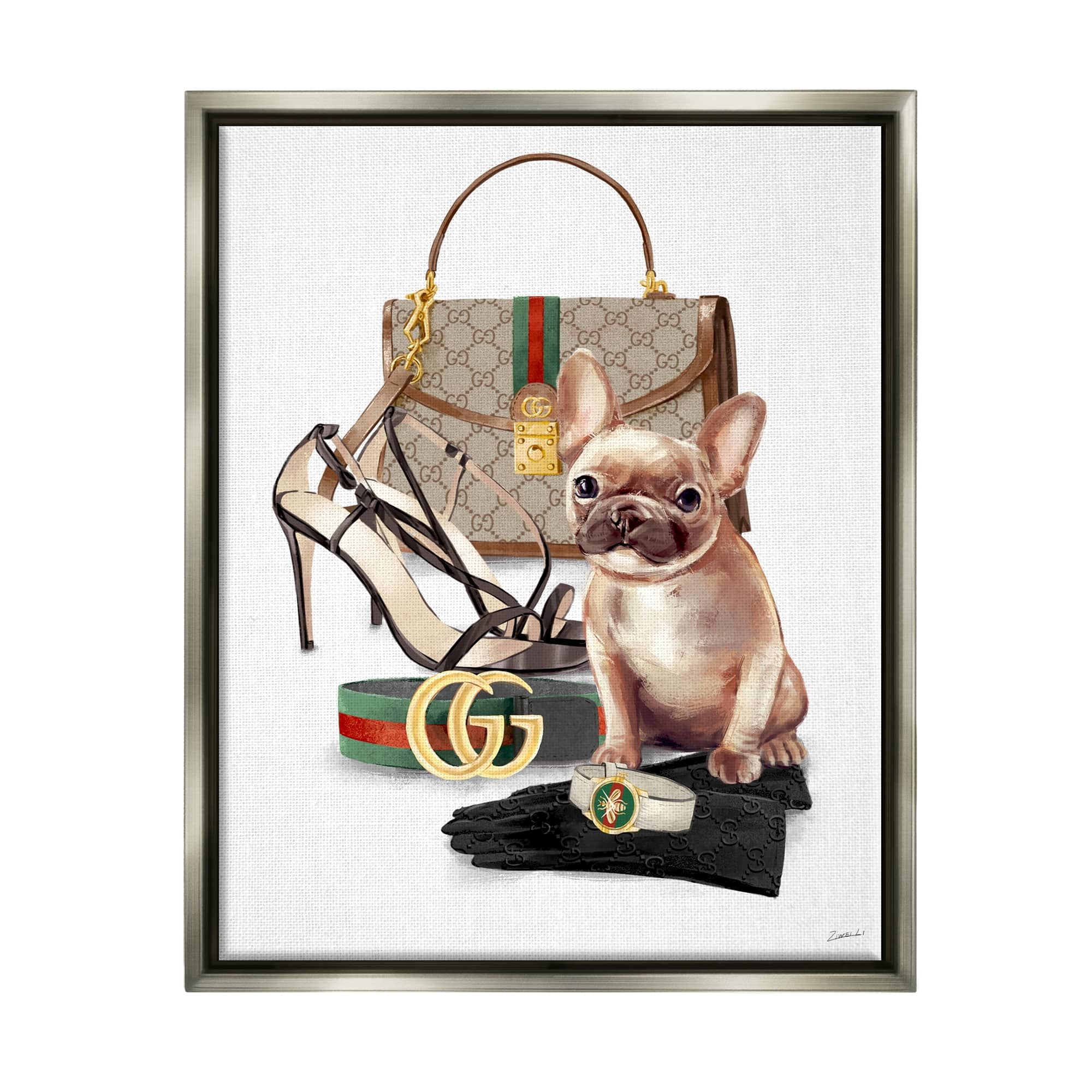 Stupell Industries Stylish Puppy Dog Designer Purse Shoes Accessories Luster Gray Framed Floating Canvas Wall Art, 24x30, by Ziwei Li