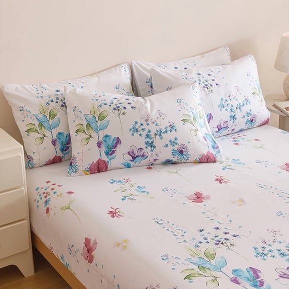4‑Piece Watercolor Floral Bedding Set, Farmhouse Style Soft Breathable Shrink‑Resistant Hotel‑Grade Bed Set, 1 Fitted Sheet 1 Flat Sheet 2 Pillowcases, Pillow Inserts Not Included, All‑Season
