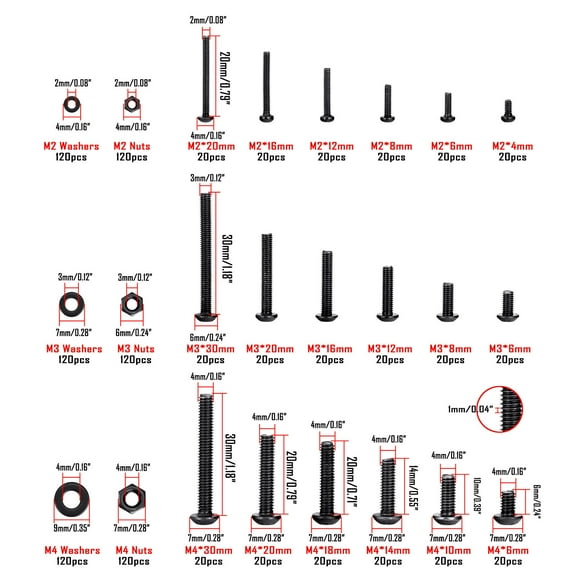 Screw Bolts Socket Cap Button Head Washers Nuts Kit M2-M4 Series 1080pcs/set