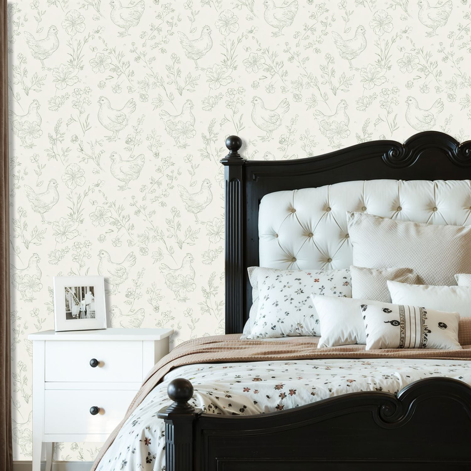 Peel and Stick Wallpaper 23.6in x 9.8ft Hand Drawn Chicken Floral Soft Green Tones Contact Paper Vinyl Waterproof Self Adhesive Wall Paper for Bedroom Shelf Cabinet Renter Friendly
