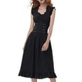 thumbnail image 4 of TFEOQRY Women's Vintage Dress Ruffled Neckline Cap Sleeves Corset Decor Ruched Bodice Flared Skirt Outfit Black, 4 of 8