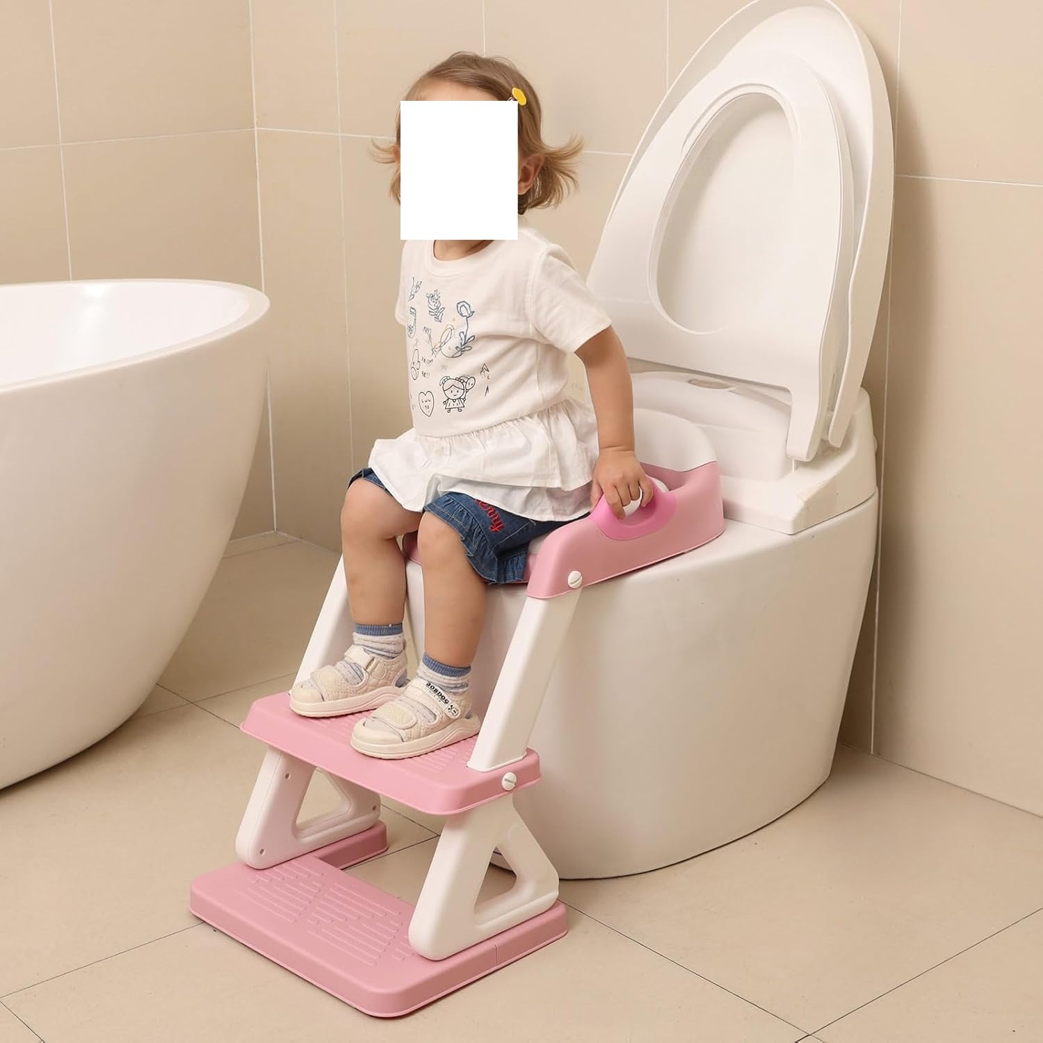 PLERISE 2-in-1 Potty Training Seat with Step Stool Ladder for Boys & Girls, Splash Guard & Anti-Slip Pad, Pink