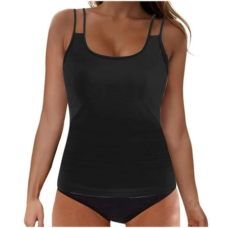 WMTBSRSW Womens Tankini Bathing Suits 2 Piece Seamless Tummy Control Swim Suit Solid High Waisted Swimsuits Slimming Crewneck Tops and Panties