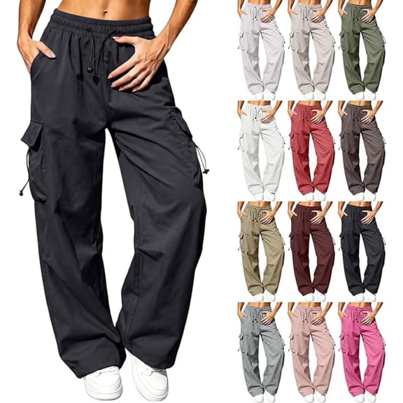 Evdexr Parachute Cargo Pants for Women Baggy Drawstring Sweatpants with Pockets Fall Winter Trendy Y2k Joggers Wide Leg Lightweight Loose Fit Trousers XL