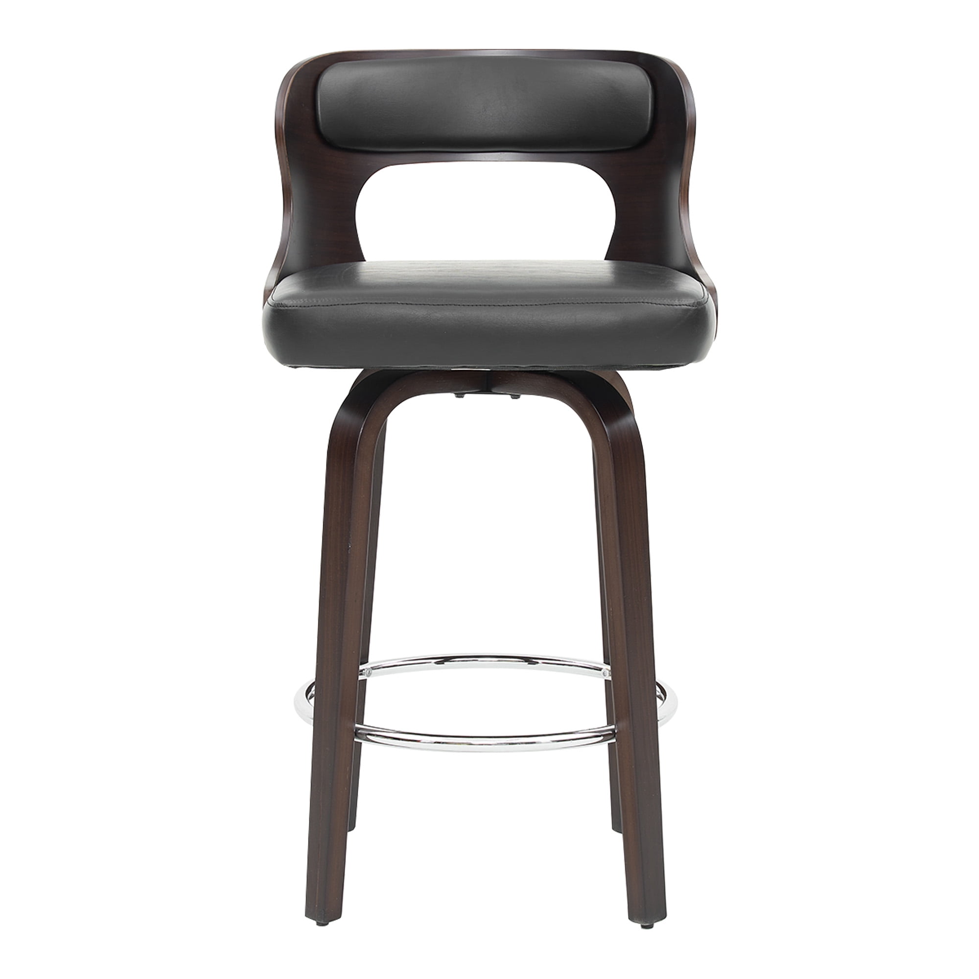 ClinQ 26 inch Swivel Bar Stools Set of 4, Counter Height Bar Chairs with Walnut Legs and Silver Ring Footrest, Upholstered Faux Leather, Black