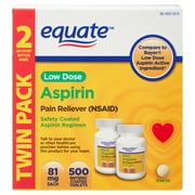 Equate Low Dose Safety Coated Aspirin Tablets for Pain Relief, 81mg, 500 Count - 2 Pack