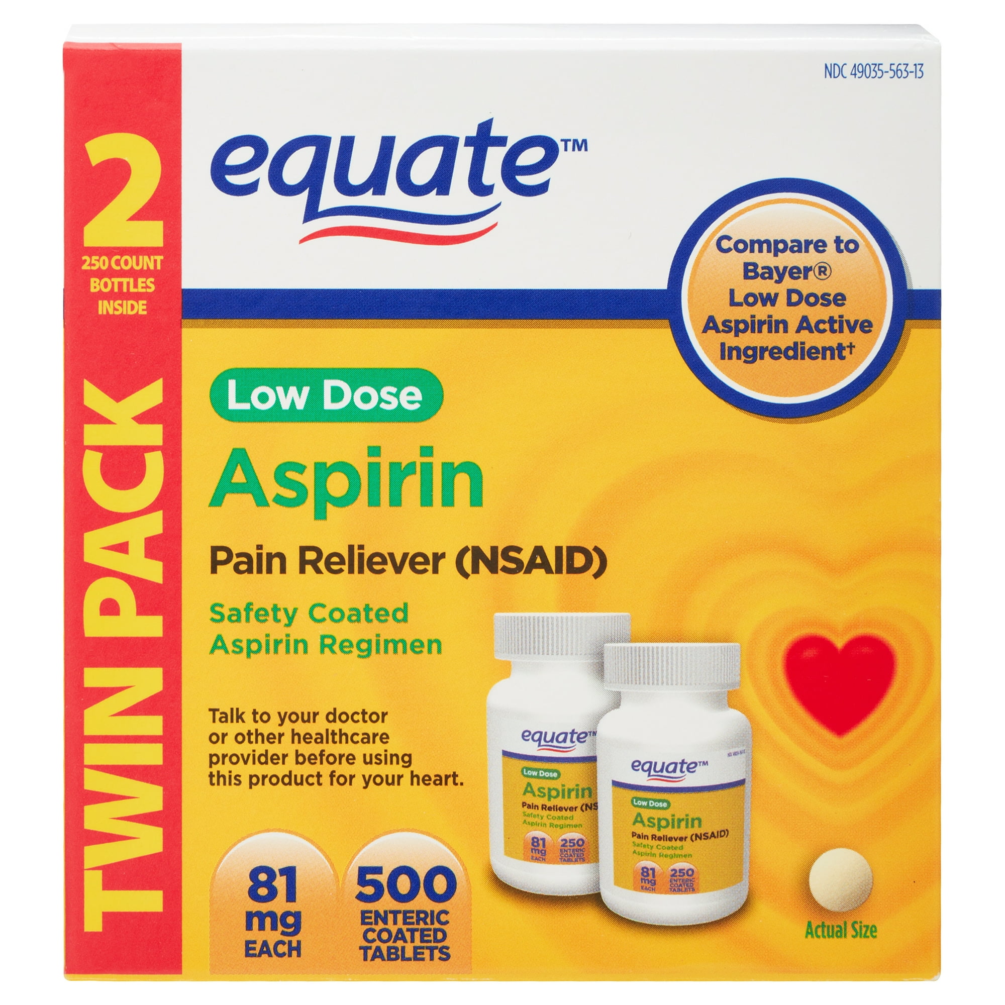 Equate Low Dose Aspirin Pain Relief Safety Coated Tablets, 81 mg, 500 Count (2x250 Count), Compare to BayerÂ® Low Dose Aspirin Active Ingredient