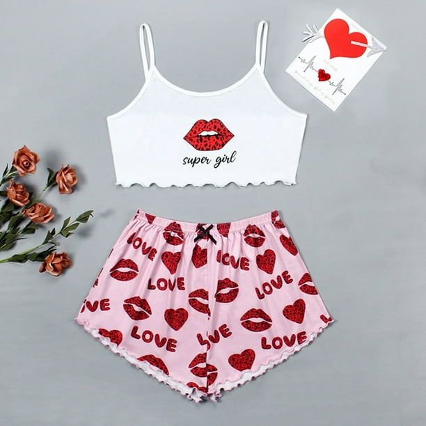 MKLEKYY conjunto de Pijama Corto para Mujer, Camisola, Lencería, Top y Pantalones Cortos con Estampado de Lechuga