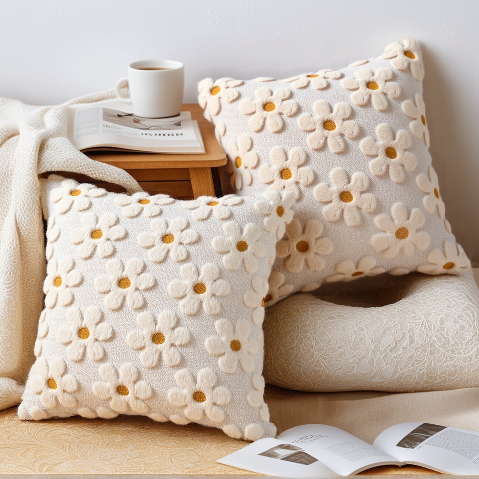 Unique Bargains Throw Pillow Covers Set of 2 Floral Pillows for Sofa Decor Beige