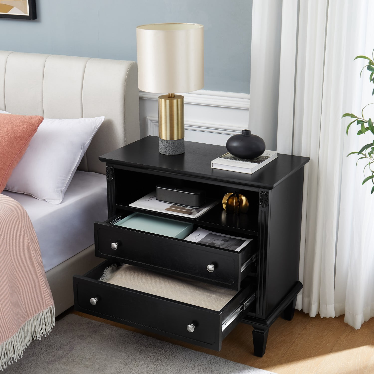 Nightstand with Charging Station, Farmhouse End Table with 2 Drawers and Open Shelf, USB Ports & Outlets, Fluted Design Bedside Table with Solid Wood Legs, Black