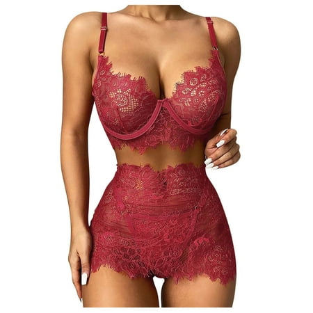 Midwennn 3PC Black Lace Women Sexy Lingerie Wireless Bra Thong Mini Skirts Pajamas Nightgown Lace Lingerie for Women Skimpy Lingerie for Thick Women