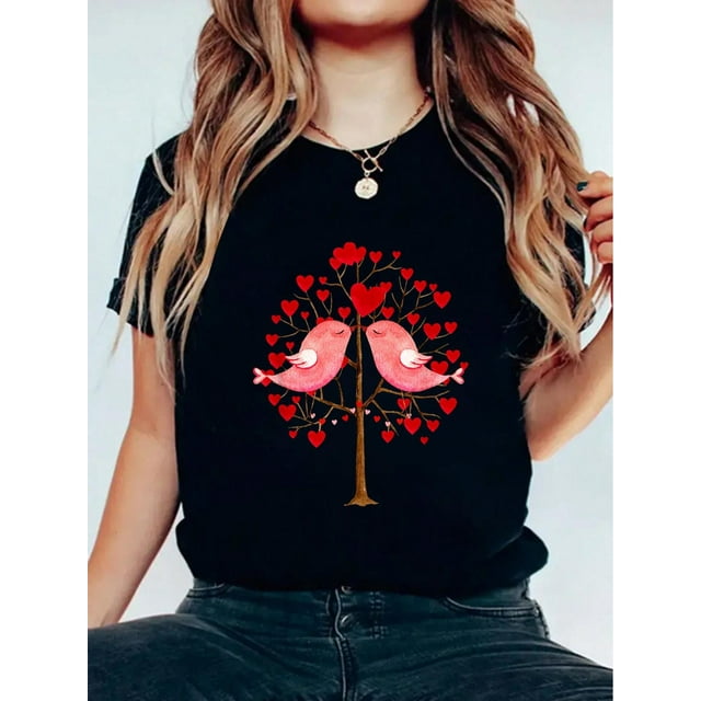 Joyeuse Saint-Valentin Amoureux des Cœurs Oiseaux Cœur Roses T-Shirt Imprimé Graphique, Col Rond, Manches Courtes, Tissu Extensible, Haut d'Étéfête des Pères, Fête des Mères, Nouvel An, Fête du Printemps, Saint-Valentin,