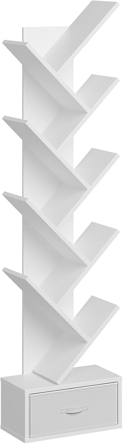 Greenstell 9-Tier Wooden Bookcase with Drawer, Free Standing Tree Bookshelf, White