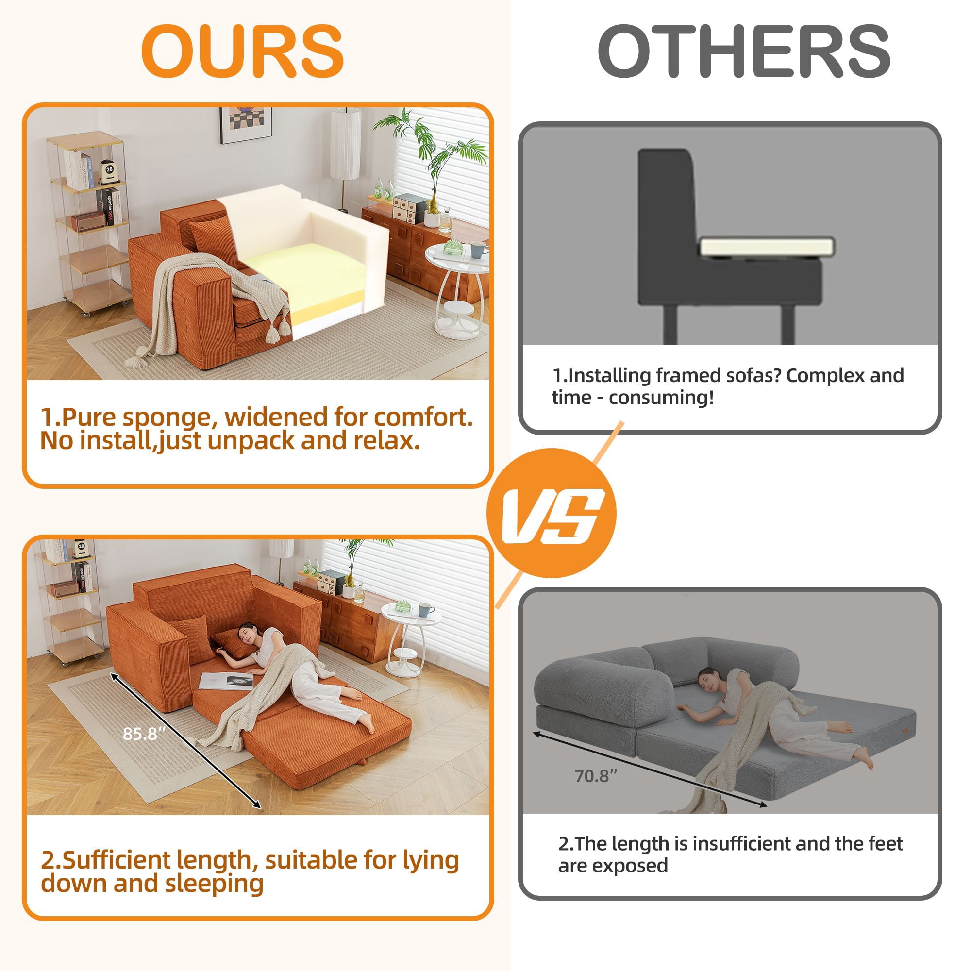 Vicluke Convertible Memory Foam 3-seat Sofa & Loveseat, Pull Out Sleeper Sofa Bed, 2 in 1 Folding Couch Bed, Fold Out Floor Couch Corduroy Fabric with Pillows for Living Room Bedroom Lounge(Tan)