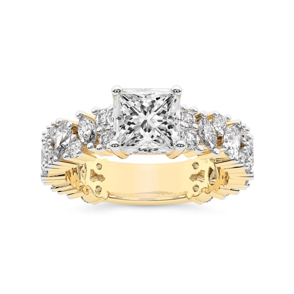 IGI Certified 2 Carat Princess Shape Lab Grown Diamond Engagement Ring | 14K Yellow Gold | Skylar Side Stone Encrusted Diamond Ring | FG-VS Quality Friendly Diamonds