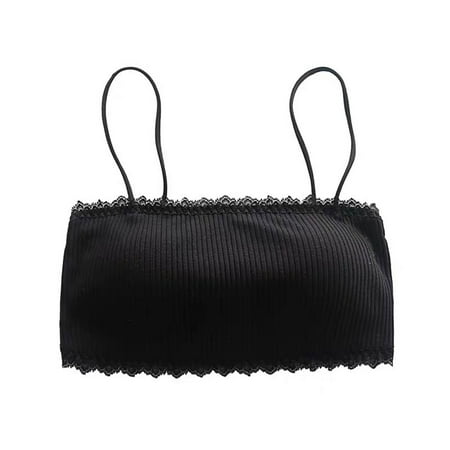 

HOTYA Women Spaghetti Strap Bra Tube Top with Chest Pad Rib Knit Ruffle Lace Trim Bandeau Hook Eye Closure Wirefree Cropped Camisole Bralette Underwear