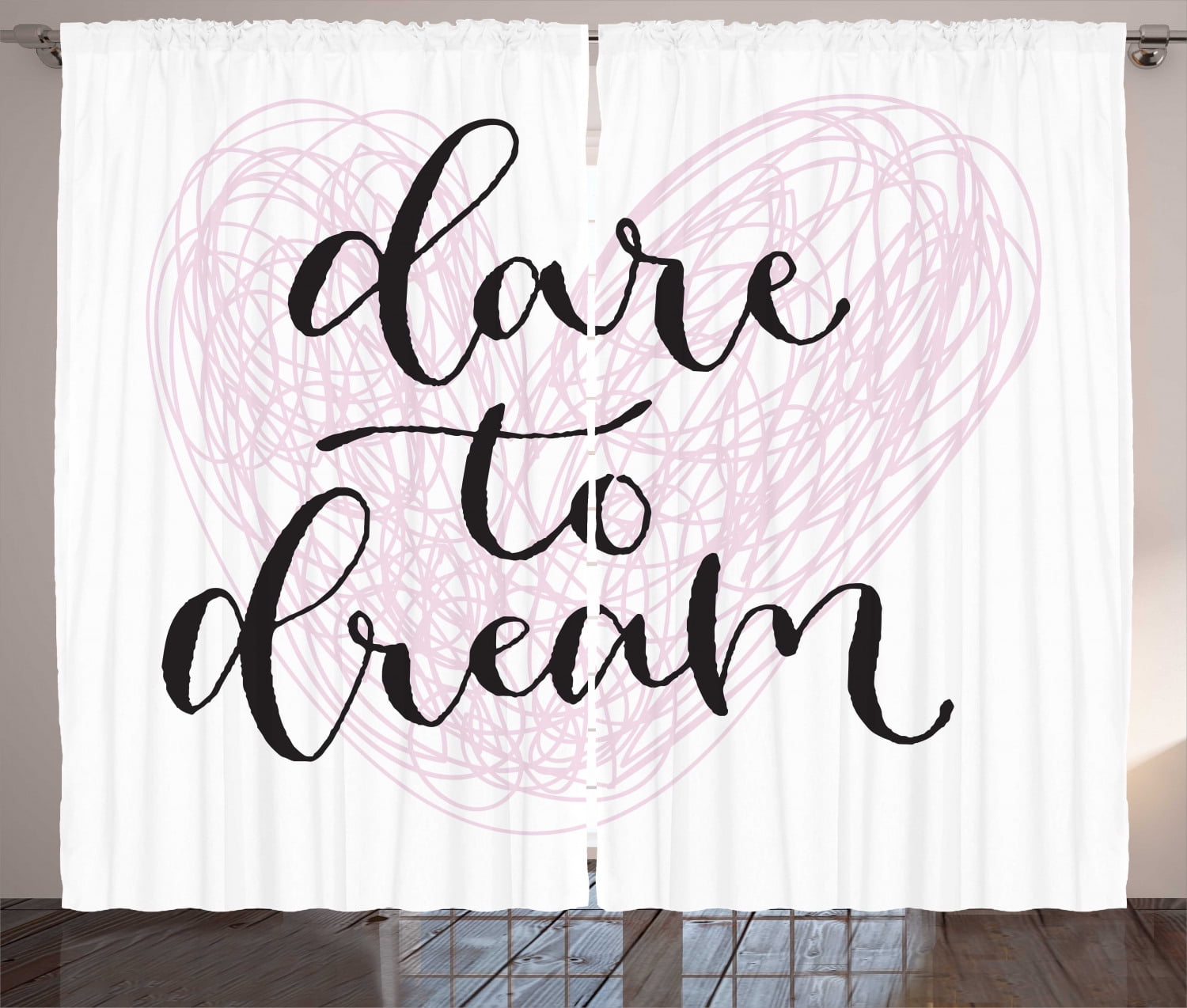 Dream Curtains 2 Panels Set, Dare to Dream Quote with Hand Drawn Heart
