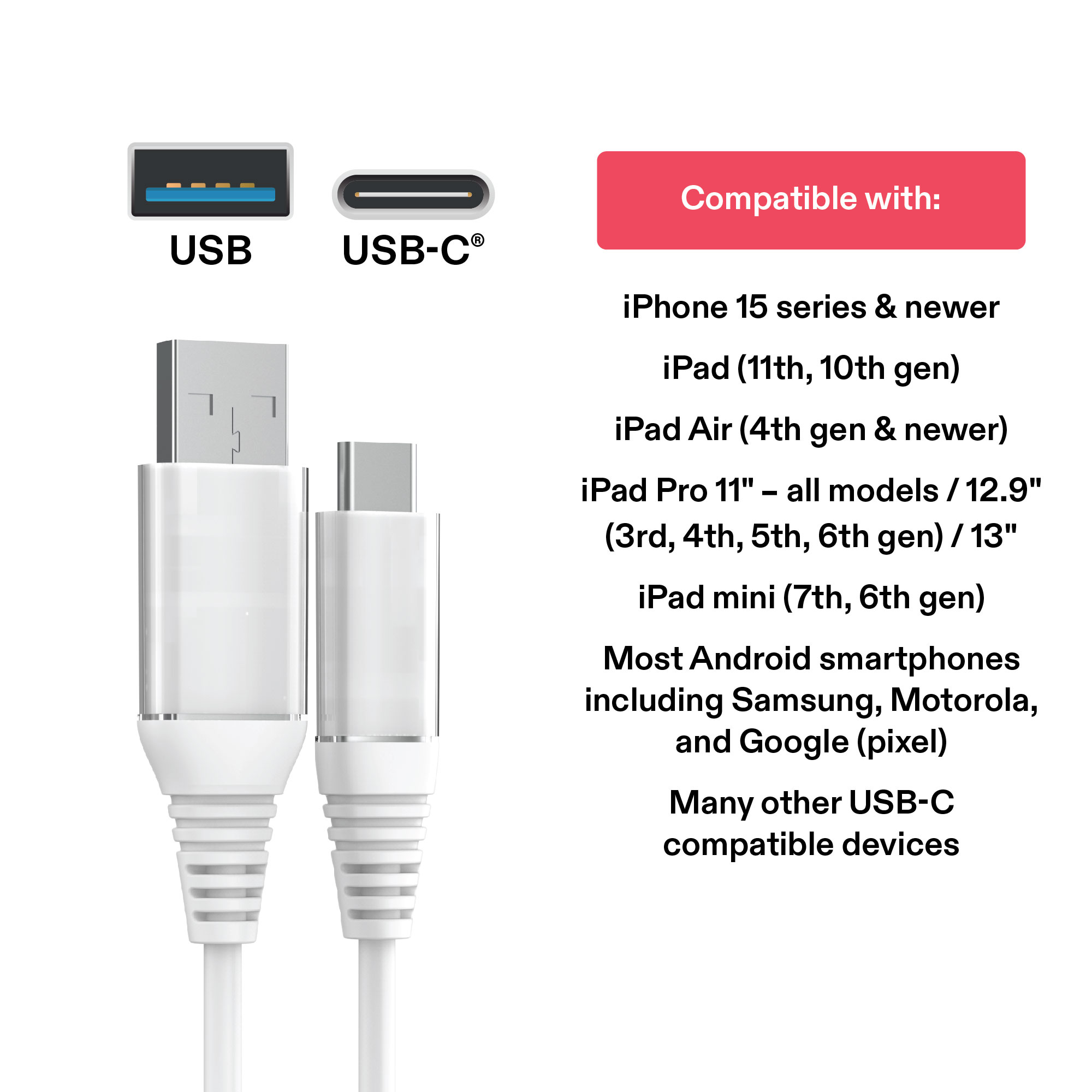 Cable de carga USB-C a USB-A de 6 pies, certificado USB-IF, blanco - compatible con iPhone 16, iPhone 15, Samsung Galaxy, Note, Pixel, iPad Pro y más 4