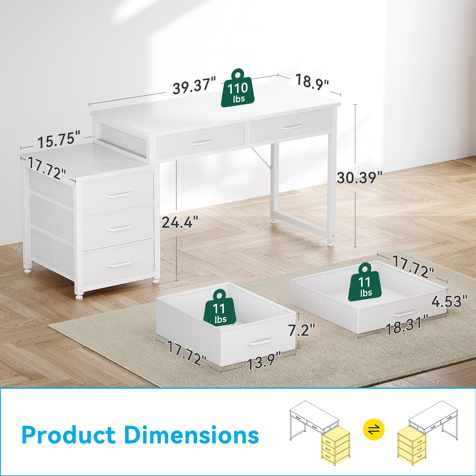 Casacomoda White Computer Desk with 5 Drawers & Printer Stand, Reversible Storage Desk for Home Office, 53 Inch Writing Desk with Headphone Hook, White