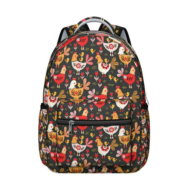 Eggs and Chickens Student Backpack Farm Cartoon Print Rustic Hen Chick Pattern Coop Bookbag for Student Cute Farm Style
